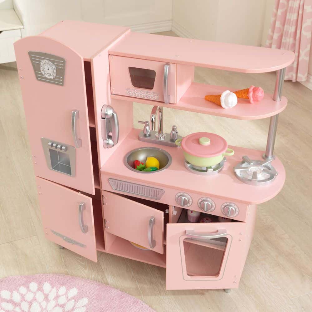 dbt-53179-10 Vintage Wooden Play Kitchen Pink KidKraft with Pretend Ice Maker and Play Phone