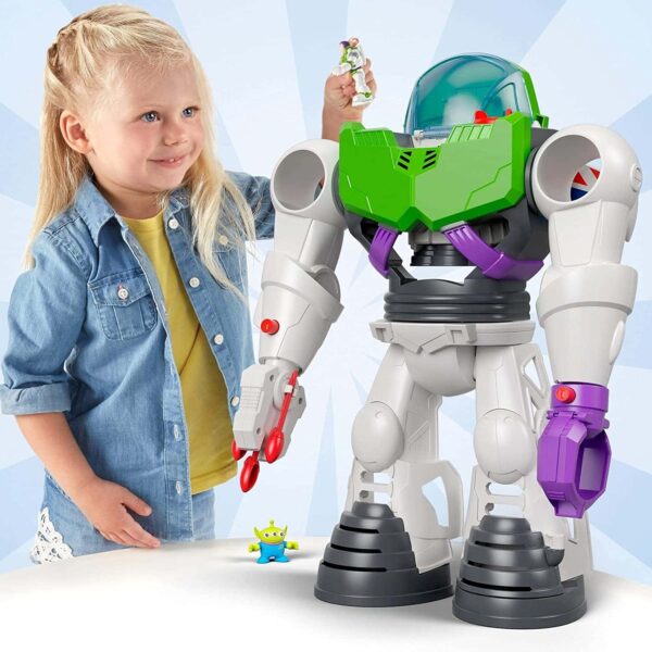 Kids ages 3-8 years can recreate the action of Disney·Pixar Toy Story robot that's a spaceship, launch pad, and playset! ​Place Buzz figure in the spaceship cockpit & turn the Power Pad to open wings; manually launch to blast off! ​Right arm is a projectile launcher with open ports for loading and firing ​Left arm is a claw to pick up villains and drop them in the jail in the left foot ​Includes Buzz Lightyear figure, space alien figure, removable spaceship, and 3 projectiles