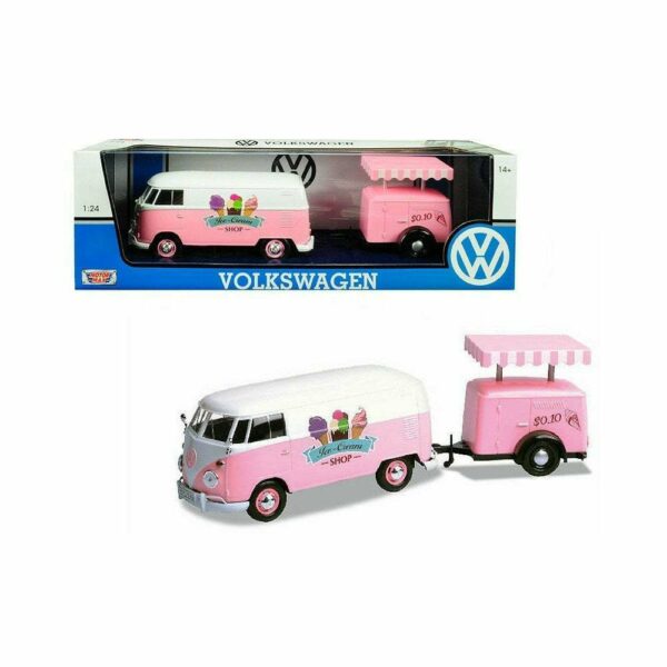 Motormax Volkswagen VW T2 van & Ice Cream Trailer 124 Pink UK Seller