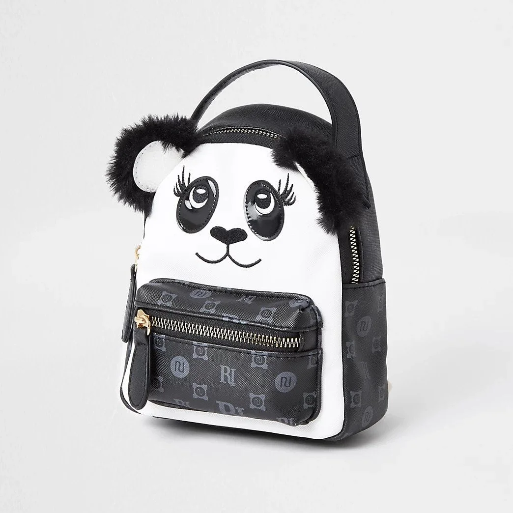 Girls Black Monogram Panda Mini Backpack River Island - Image 2