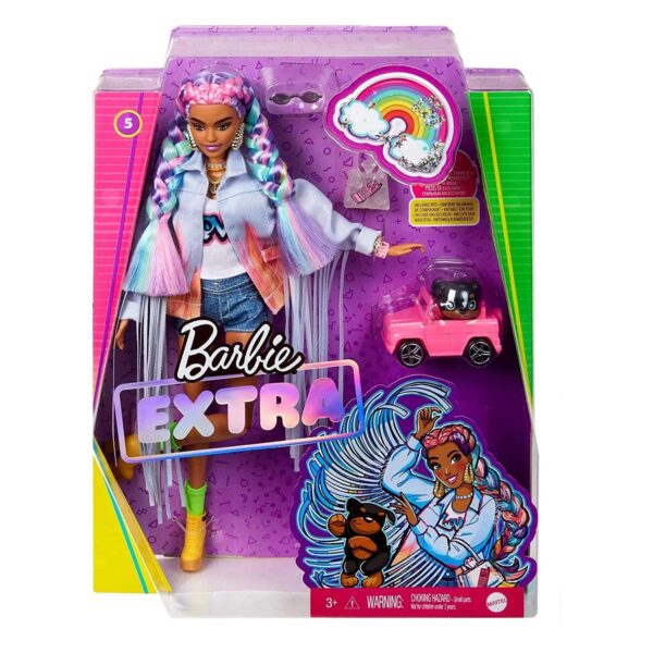 Barbie Extra Doll #5 Braided Rainbow Hair with Dog