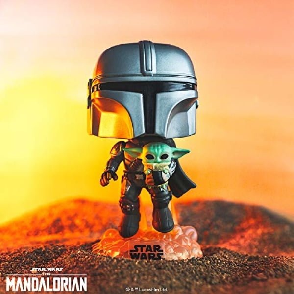 funko pop star wars the mandalorian mandalorian flying with the child grey 2 Le3ab Store