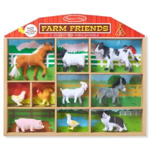 Collection of 10 assorted miniature farm animal figures ranging from approximately 0.75 inch to 3 inches tall Animals include horse, chicken, pig, duck, cow, donkey, goat, rooster, sheep, border collie Includes fun facts about each animal Solid flocked figures stand independently and store in divided sturdy wooden storage tray Makes a great gift for children ages 3+ 15.5" x 13.5" X 1.75" storage tray Cultivate endless hours of imaginative playtime with these adorable and realistically detailed farm animals! Higher quality than regular plastic animal figures, this collection of 10 felt-covered miniature models includes barnyard buddies of all sizes, from the majestic horse with a flowing mane to the adorable web-footed duck. All the animals store in individual compartments in the wooden “barn.” Fun facts about each animal are included. Kids 3 and older will love to play with and learn about what’s happening down on the farm!