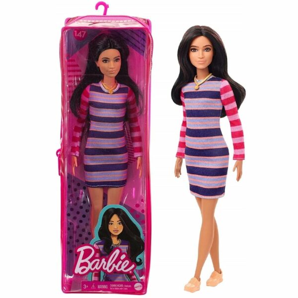 Barbie Fashionistas Doll #147 With Long Brunette Hair & Striped Dress