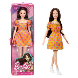 Barbie Fashionistas Doll 160 with Long Brunette Hair Wearing Patterned Orange Dress