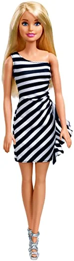 Barbie Doll Wearing Glitzy Black and White Striped Party Dress - Image 6