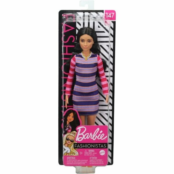 barbie fashionistas doll 147 with long brunette hair striped dress 5 Le3ab Store