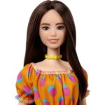 Barbie Fashionistas Doll 160 with Long Brunette Hair Wearing Patterned Orange Dress - Image 3