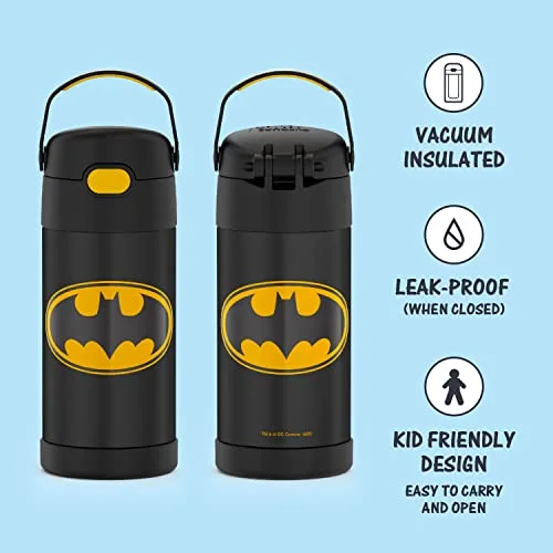 THERMOS FUNTAINER 12 Ounce Stainless Steel Vacuum Insulated Kids Straw Bottle, Batman - Image 2