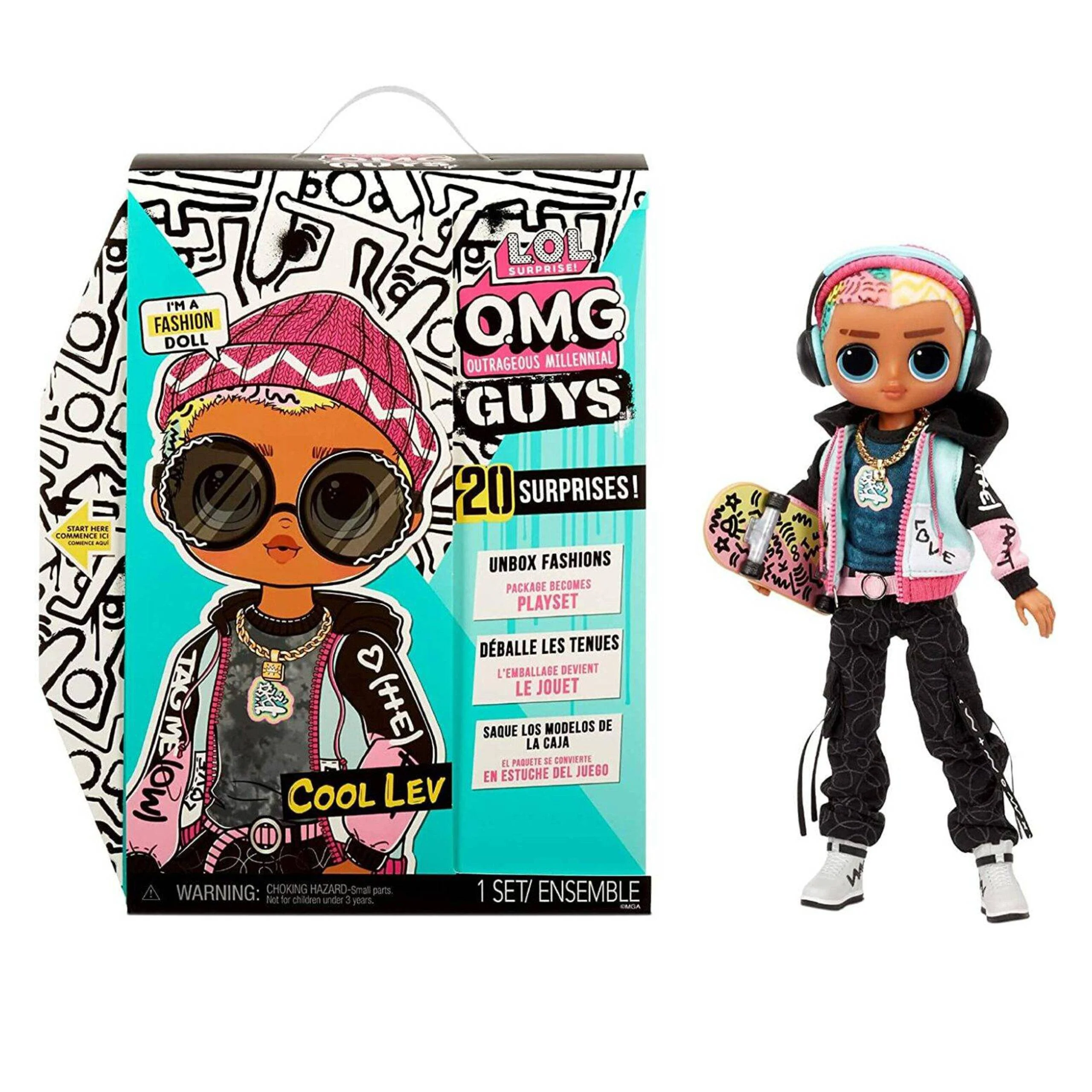 LOL Surprise OMG Guys Fashion Doll Cool Lev with 20 Surprises, Poseable, Including Skateboard, Outfit & Accessories Playset