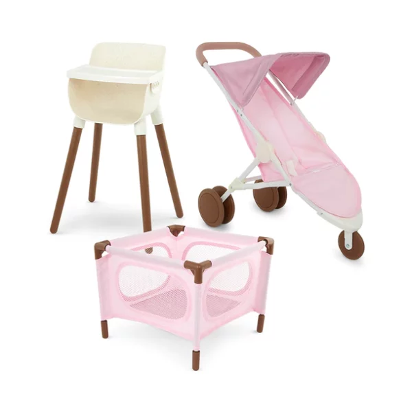 Give babi dolls a lovely place to dream and play with the babi doll nursery playset, including a portable playpen, cute high chair, and jogger stroller. Decorated in a trendy pale pink color palette, the modern playpen helps young nurturers create a beautiful nursery in their favorite play areas. And it's perfectly sized to keep dolls bedside during the night. Is babi feeling hungry? Seat a babi doll in the high chair to enjoy yummy meals after their nap, or take them on fun trips in the jogger stroller! Travel Together: Stroller features an easy-to-grab foam handle, 3 wheels to easily push, foldable canopy, and a safety strap to keep babi secure during travel time.
Includes: Portable playpen, jogger stroller, and high chair with removable tray. (babi dolls sold separately)
Quick & Easy Assembly: Playpen measures 10.45” (H) x 13” (L) x 13” (W); stroller measures 20.65” (H) x 10” (L) x 21.25” (W); high chair measures 18.7” (H) x 11.5” (L) x 9.45” (W).