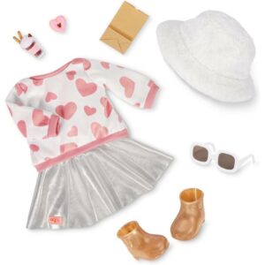 Our Generation Deluxe Outfit With Heart Print Top and Silver Skirt